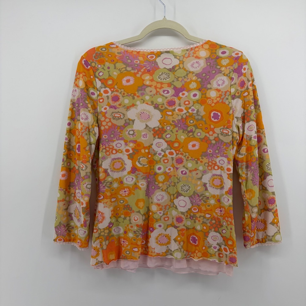 Sigrid Olsen Womens Medium Orange Floral Mesh Top V-Neck Lace Trim Y2K Retro - Picture 2 of 6